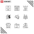 Group of 9 Modern Outlines Set for outdoor, mountains, badminton birdie, money, finance Royalty Free Stock Photo