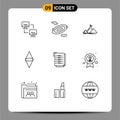 Group of 9 Modern Outlines Set for work task, check list, mountain, money, coin