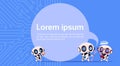 Group Of Modern Robots Chatter Bot Or Chatbot On Blue Circuit Background With Copy Space