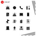 Group of 16 Modern Solid Glyphs Set for cancer sign, health, telephone, report, equipment