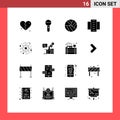 Mobile Interface Solid Glyph Set of 16 Pictograms of celebrate, flats, sound, city building, apartments