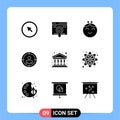 Group of 9 Modern Solid Glyphs Set for finance, bank, pack, audience targeting, focus