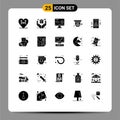 Group of 25 Modern Solid Glyphs Set for iot, security camera, live, security, camera Royalty Free Stock Photo