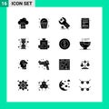 Group of 16 Modern Solid Glyphs Set for lab, internet book, settings, electronic book, service Royalty Free Stock Photo