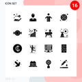 Group of 16 Modern Solid Glyphs Set for military, grade, pastor, fan, computer