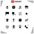 Group of 16 Modern Solid Glyphs Set for outline, flag, neuro care, online storage, cloud storage