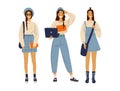 Group of modern young fashionable girls. Hipster students with laptop, backpack, glasses. Back to school. Set of Royalty Free Stock Photo