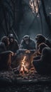 A group of monkeys sitting around a campfire. AI generative image.