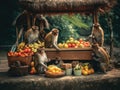 A group of monkeys sitting around a fruit stand. Generative AI image.