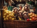 A group of monkeys sitting on top of a basket of fruit. Generative AI image.