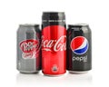 Group of most popular brands of soda drinks Royalty Free Stock Photo