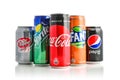 Group of most popular brands of soda drinks Royalty Free Stock Photo