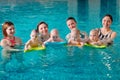 A group of mothers with their young children in a children`s swimming class with a coach.