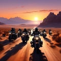 a group of motorbikes forming a convoy in the desert sunset trending on artstation sharp focus