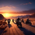 a group of motorbikes forming a convoy in the desert sunset trending on artstation sharp focus