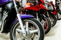 Group motorcycle parking showroom for sale closeup Royalty Free Stock Photo