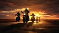 Group of motorcycle riders riding toghether at sunset