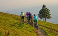 Group of mountain bikers pedalling their electric bikes up a narrow dirt road. Royalty Free Stock Photo