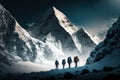 A group of mountaineers adventuring in the beautiful snowcapped mountain range, hiking and climbing to reach its summit for
