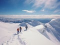 group of mountaineers with backpacks climbing mountains in winter
