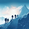 A group of mountaineers climbs to the top of a snow-capped mountain Royalty Free Stock Photo