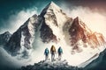 Group of mountaineers. Multiple high alpine climbers in front of a gigantic mountain