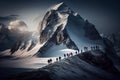 Group of mountaineers. Multiple high alpine climbers in front of a gigantic mountain