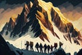 Group of mountaineers. Multiple high alpine climbers in front of a gigantic mountain
