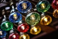 a group of multi colored lights hanging from a ceiling in a room with a black wall behind them and a black wall behind them with