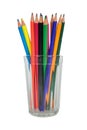 group of Multi-colored pencils in a transparent glass mug isolated on white Royalty Free Stock Photo