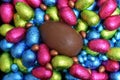 Group of multi coloured and different sizes of colourful foil wrapped chocolate easter eggs. Royalty Free Stock Photo