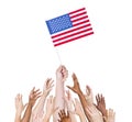 Group multi-ethnic people reaching holding flag Concept