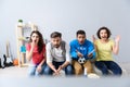 Group of multi national football fans cheering Royalty Free Stock Photo