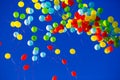 Group of multicolored helium filled balloons in the sky