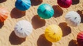 Group of multicolour sun umbrella in the beach. Summer and vacation concept aerial, top view