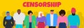 Group of multicultural censored people men and women with wrapping mouth tape censorship concept