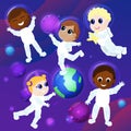 A group of multicultural children in astronaut costumes are in outer space. They have fun against the backdrop of Planet Earth. Royalty Free Stock Photo