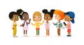 Group of Multicultural children talk to each other. School boy with vitiligo say hello to new friends. Asian boy scan QR