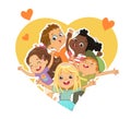 Group of multicultural children tear up the space in the shape of a heart. Children look through a hole in the shape of