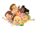 Group of multicultural happy children smile and wave their hands. Funny cartoon character. Vector illustration. Isolated Royalty Free Stock Photo