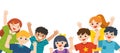 Group of Multicultural happy kids joyfully jumping and waving hands on white background.