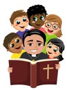 Group of multicultural happy kids surrounding christian priest reading holy bible book isolated on white Royalty Free Stock Photo