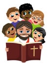 Group of multicultural happy kids surrounding jesus christ reading holy bible book isolated on white