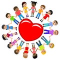 Group of multicultural kids hand in hand around big heart on white