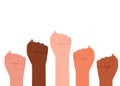 Group multicultural people raised fist, sign protest. Strength, strong woman power, justice and unity concept. Vector illustration