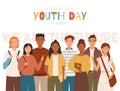 Group of multicultural students flat vector illustration. International Youth Day. Happy teenager in casual clothes Royalty Free Stock Photo