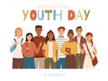 Group of multicultural students flat vector illustration. International Youth Day. Happy teenager in casual clothes Royalty Free Stock Photo
