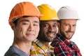 group of multiethnic construction workers in row looking Royalty Free Stock Photo