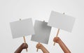 Group multiethnic people holding blank sign on white background