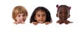 Group of multiracial kids portrait with white board.Isolated